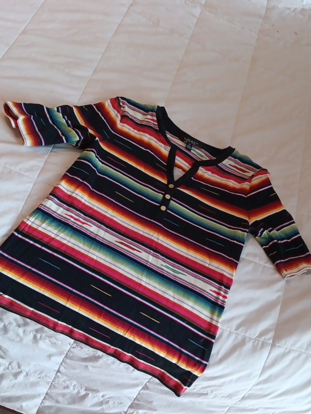 Lauren Ralph Lauren Short Sleeve Henley Tee in Navy with Rainbow Stripes